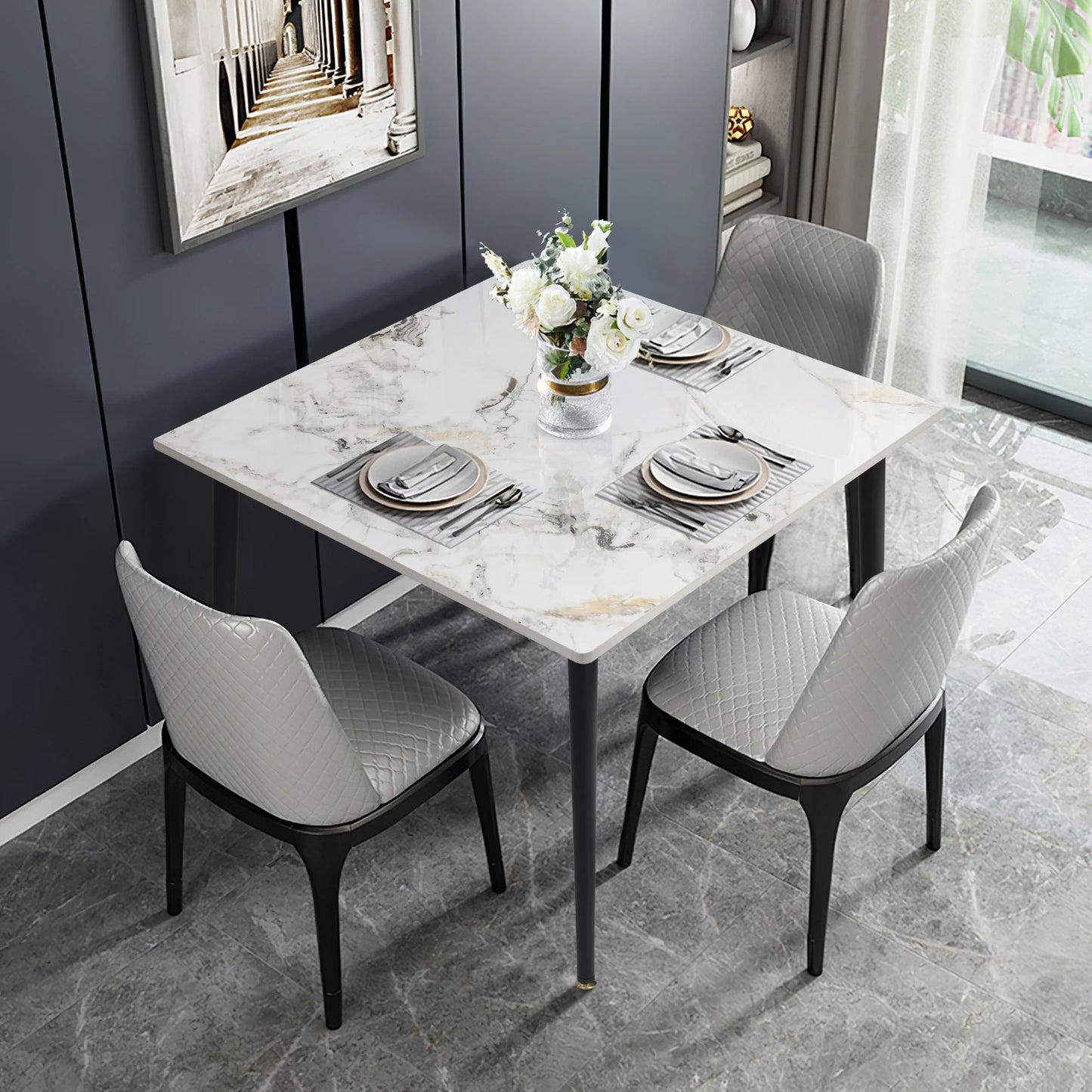 Rectangular Dining Modern Dining Desk Table Furniture with Natural Texture Sintered Stone Top Metal Frame for Dining Room