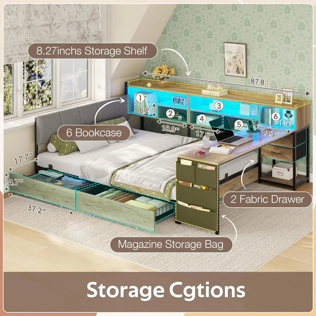 Corner Storage Bed Full with Desk Headboard 4 Drawers 6 Shelves LED USB Small Room Oak Gray, Customized