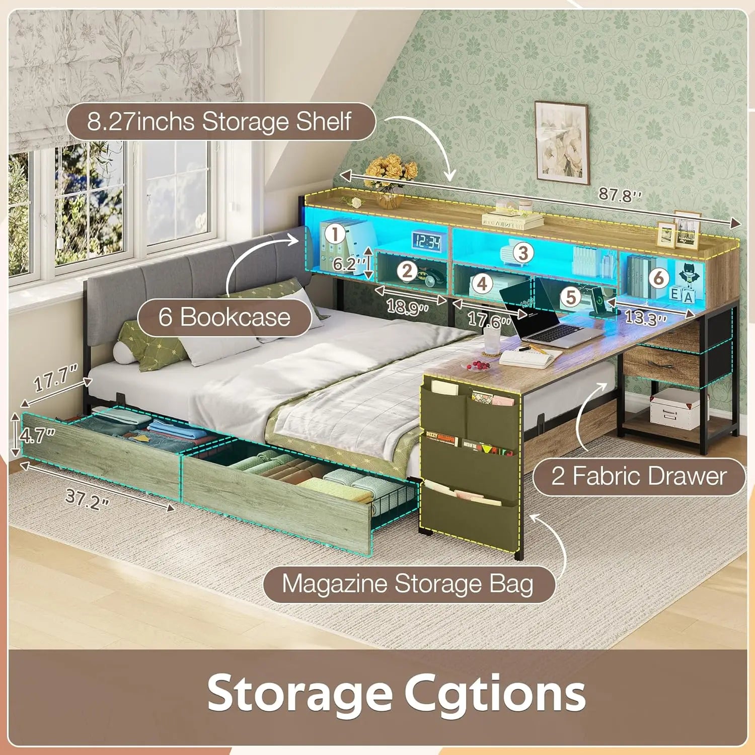 Corner Storage Bed Full with Desk Headboard 4 Drawers 6 Shelves LED USB Small Room Oak Gray, Customized