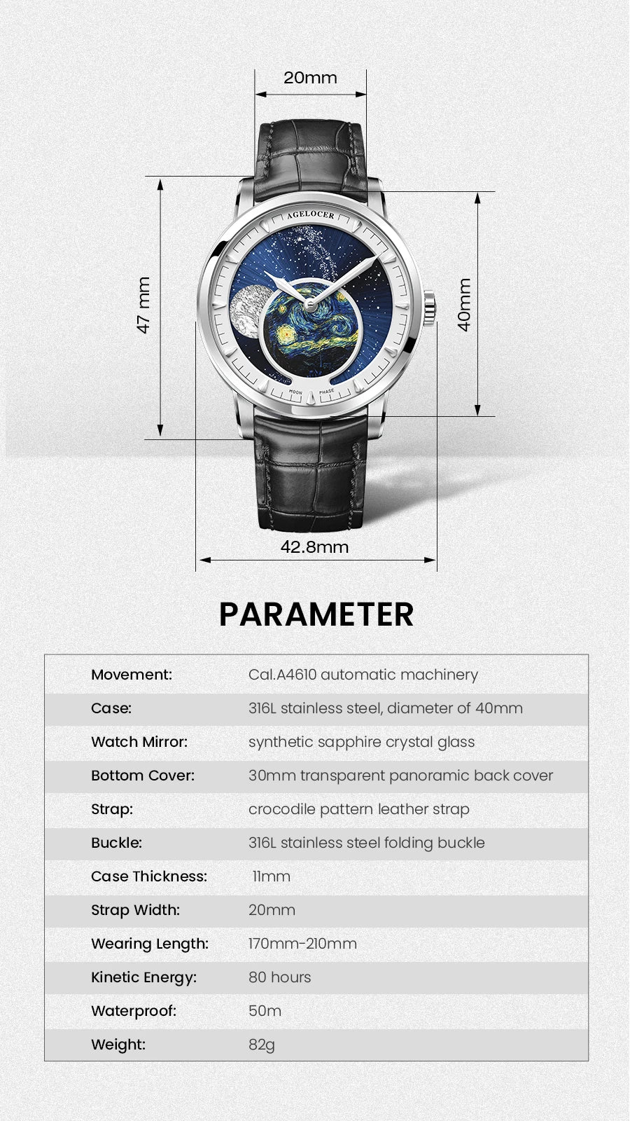 AGELOCER Original Astronomer Watch Van Gogh Oil Painting Men Luxury Automatic Mechanical Moon Phase Watch Birthday Gift for Men