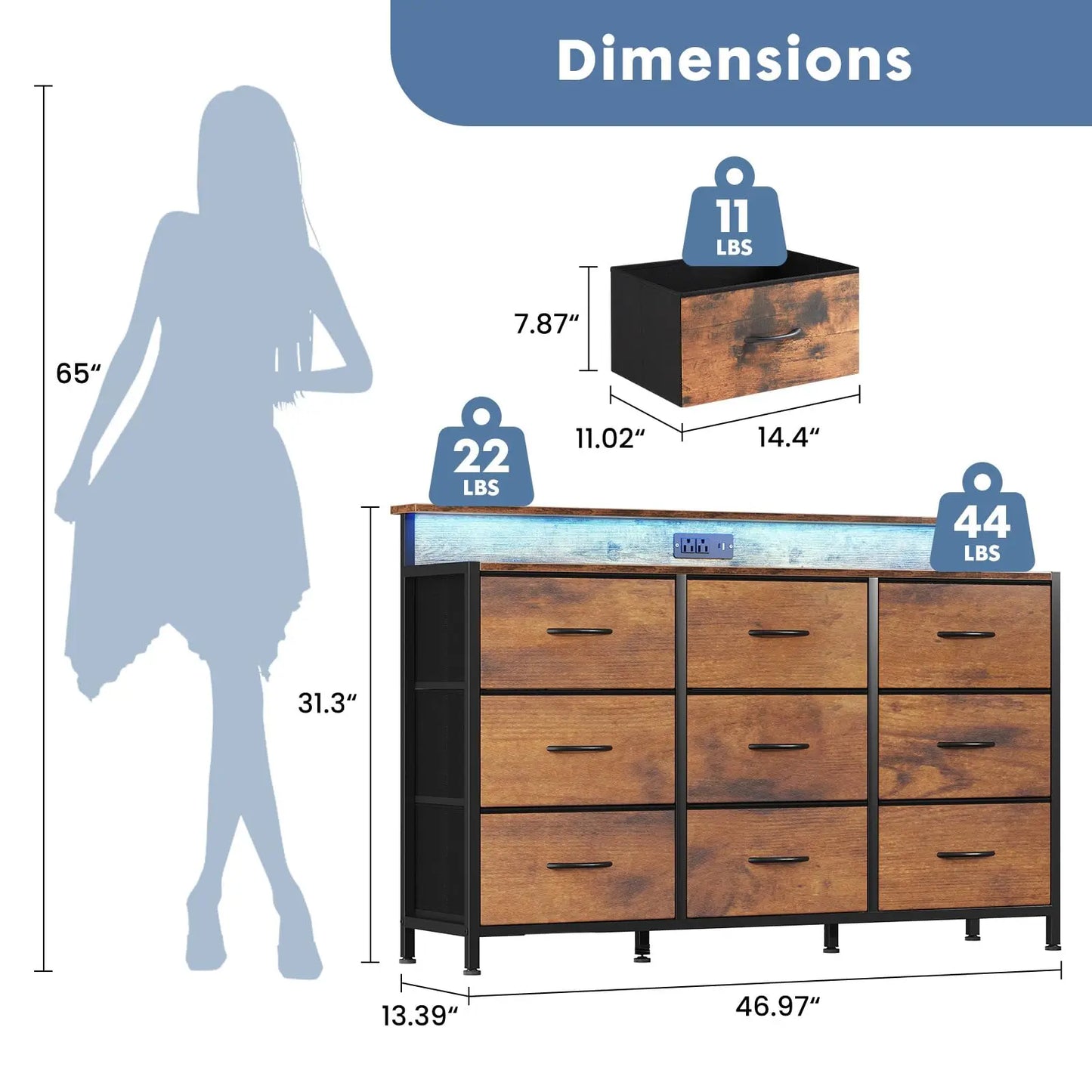 JHK TV Stand Dresser with 9 Fabric Drawers Wood Top Media Console for 32-52 inch TV Stand with Storage Display Of Furniture