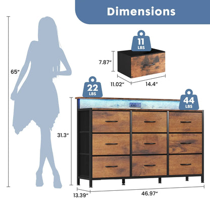 JHK TV Stand Dresser with 9 Fabric Drawers Wood Top Media Console for 32-52 inch TV Stand with Storage Display Of Furniture
