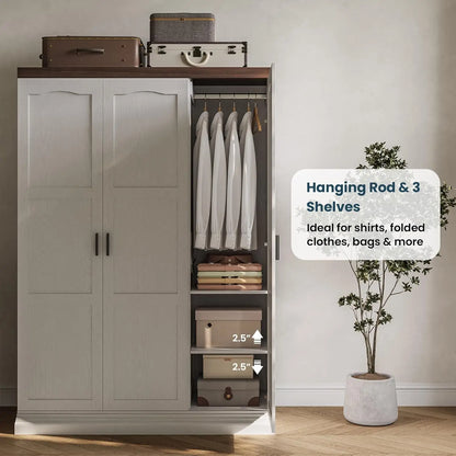 Large 3 Door Armoire Wardrobe Closet with Mirror White Bedroom Furniture Storage Solution for Organizing Clothes