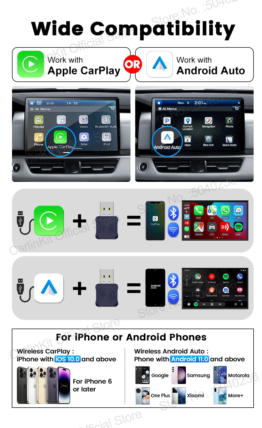 CarlinKit 5.0 Mini Ultra / Pro Wireless CarPlay & Android Auto Adapter For OEM Cars Upgrade WiFi BLE Wireless Auto-connect Phone