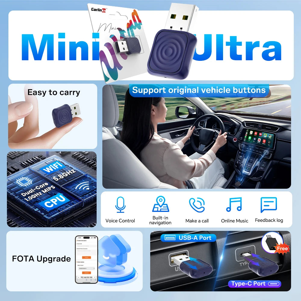 CarlinKit 5.0 Mini Ultra / Pro Wireless CarPlay & Android Auto Adapter For OEM Cars Upgrade WiFi BLE Wireless Auto-connect Phone