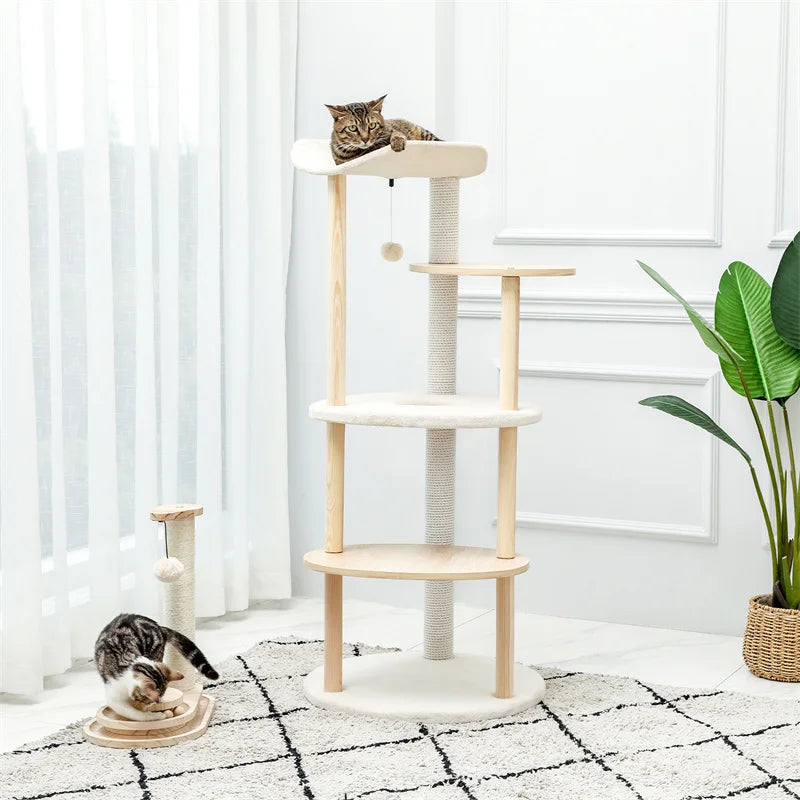 Modern Cat Tree Tower Furniture Wooden with Scratching Post Multi-level Jumping Platform with Condo and Comfortable Perch Beige