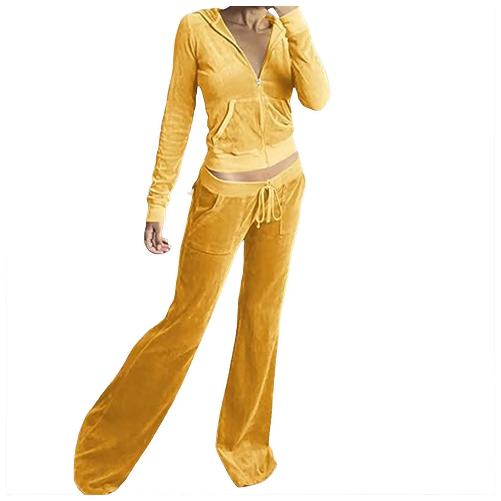 Women Velvet Jogging Suit Autumn Casual Velour Hoodie Cropped Top Jacket With Wide Leg Pants Tracksuits Women's Two Piece Set