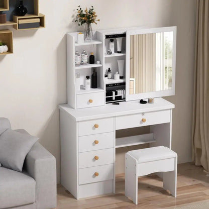 Makeup Vanities Vanity Desk with Sliding Mirror, Bedroom Dressing Table, Makeup Desk with 6 Drawers Bedroom Furniture
