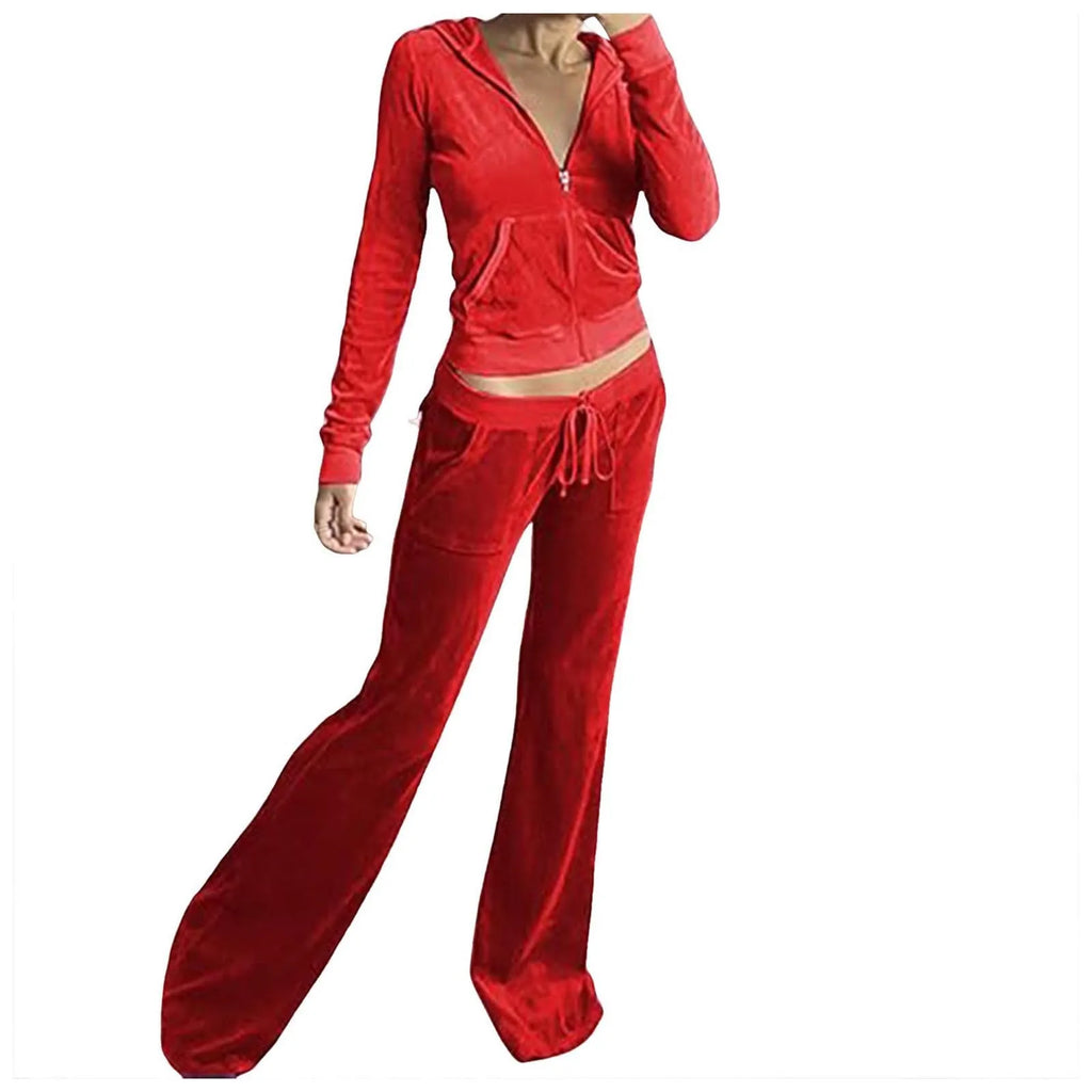 Women Velvet Jogging Suit Autumn Casual Velour Hoodie Cropped Top Jacket With Wide Leg Pants Tracksuits Women's Two Piece Set