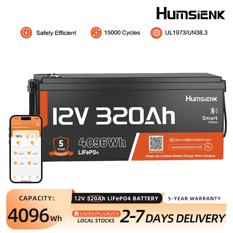 Humsienk 12V 320Ah Rechargeable Lithium Battery, Capacity 4096Wh, Built-in Bluetooth & 250A BMS, 15000+ Deep Cycle & 12V LiFePO4 Battery For RV, Van, Golf Cart, Boat, Camper, Marine, Trolling Motor, Off-Grid, Solar Energy Sto