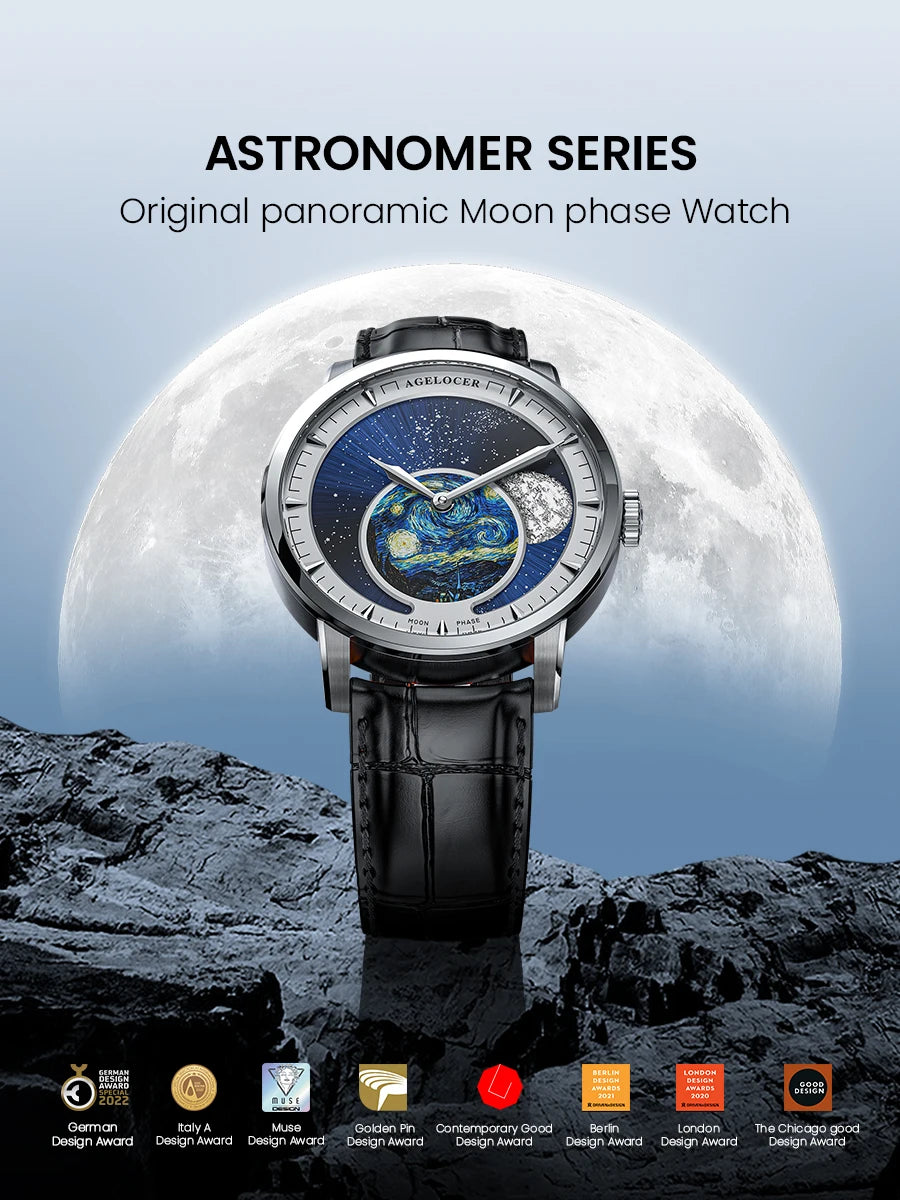AGELOCER Original Astronomer Watch Van Gogh Oil Painting Men Luxury Automatic Mechanical Moon Phase Watch Birthday Gift for Men