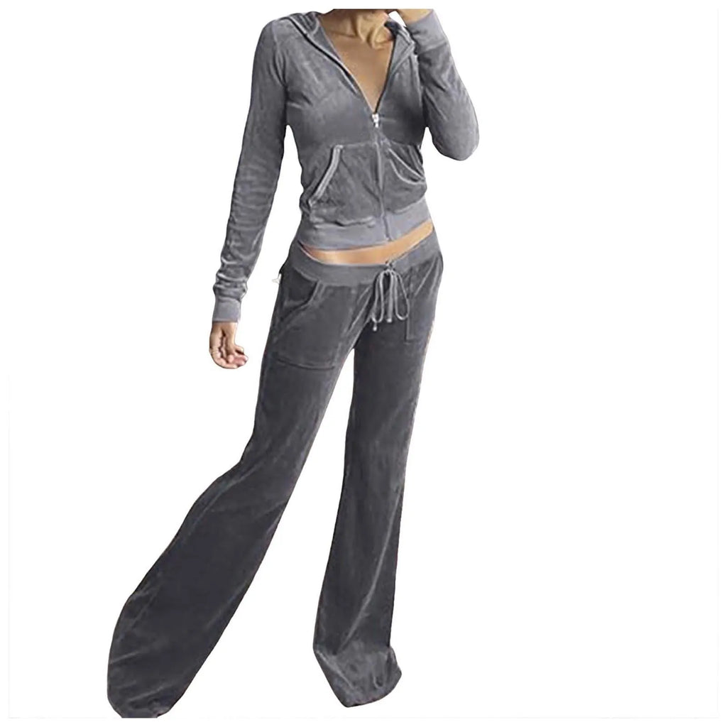 Women Velvet Jogging Suit Autumn Casual Velour Hoodie Cropped Top Jacket With Wide Leg Pants Tracksuits Women's Two Piece Set