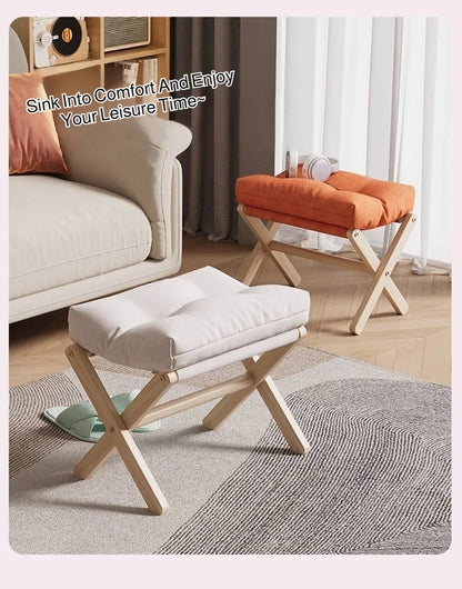 Solid Wood Shoe Changing Stool Footstool Sofa Rest Footstool, Folding Low Stool for The Entryway, Cotton-filled Cushion Stool