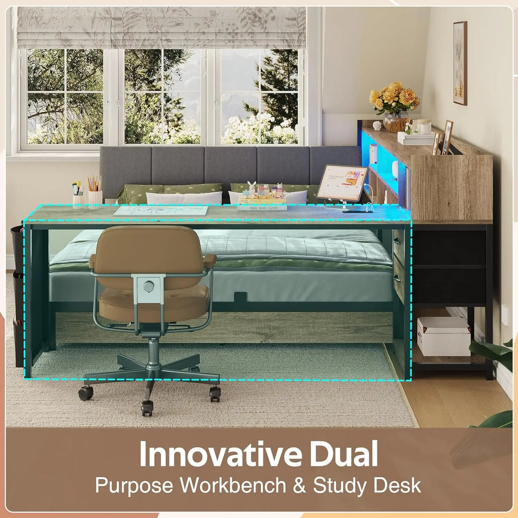 Corner Storage Bed Full with Desk Headboard 4 Drawers 6 Shelves LED USB Small Room Oak Gray, Customized