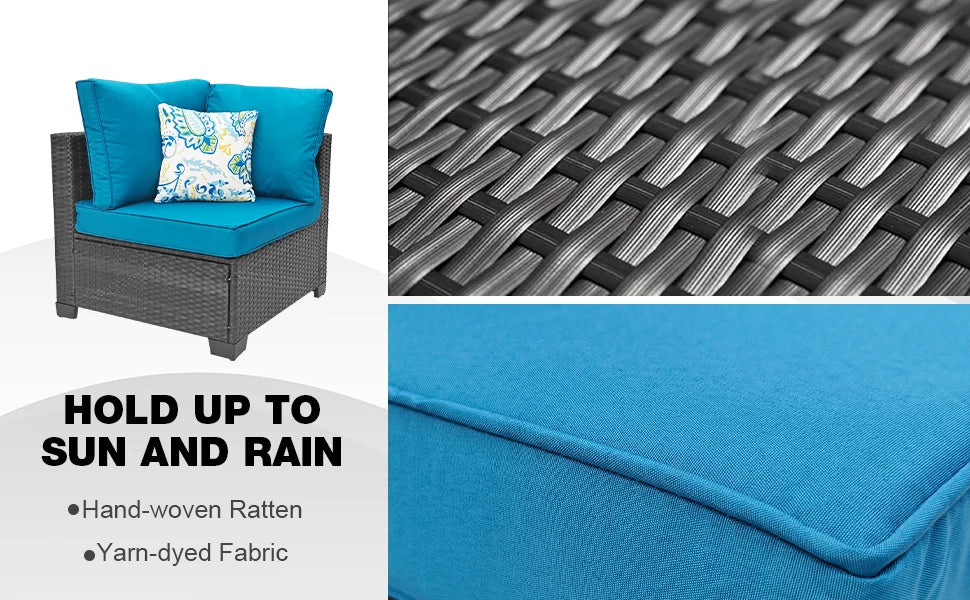 Patio Furniture Set 7 Piece - All-Weather Wicker Rattan Outdoor Conversation Set in Black/Peacock Blue for Backyard Garden Pool