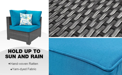 Patio Furniture Set 7 Piece - All-Weather Wicker Rattan Outdoor Conversation Set in Black/Peacock Blue for Backyard Garden Pool