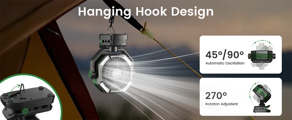 SKYTOO Camping Fan with Dual Motor 20000mAh RechargeableClip Fan with Digital Display with LED Lantern for Camping Outdoor Fan
