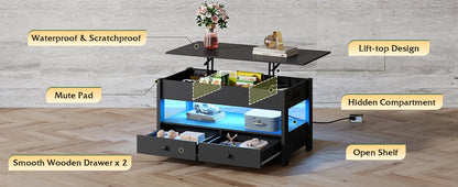 WLIVE Black Lift Top Coffee Table with 2 Drawers LED Light - Large Storage Open Shelf for Living Room Modern Home Furniture