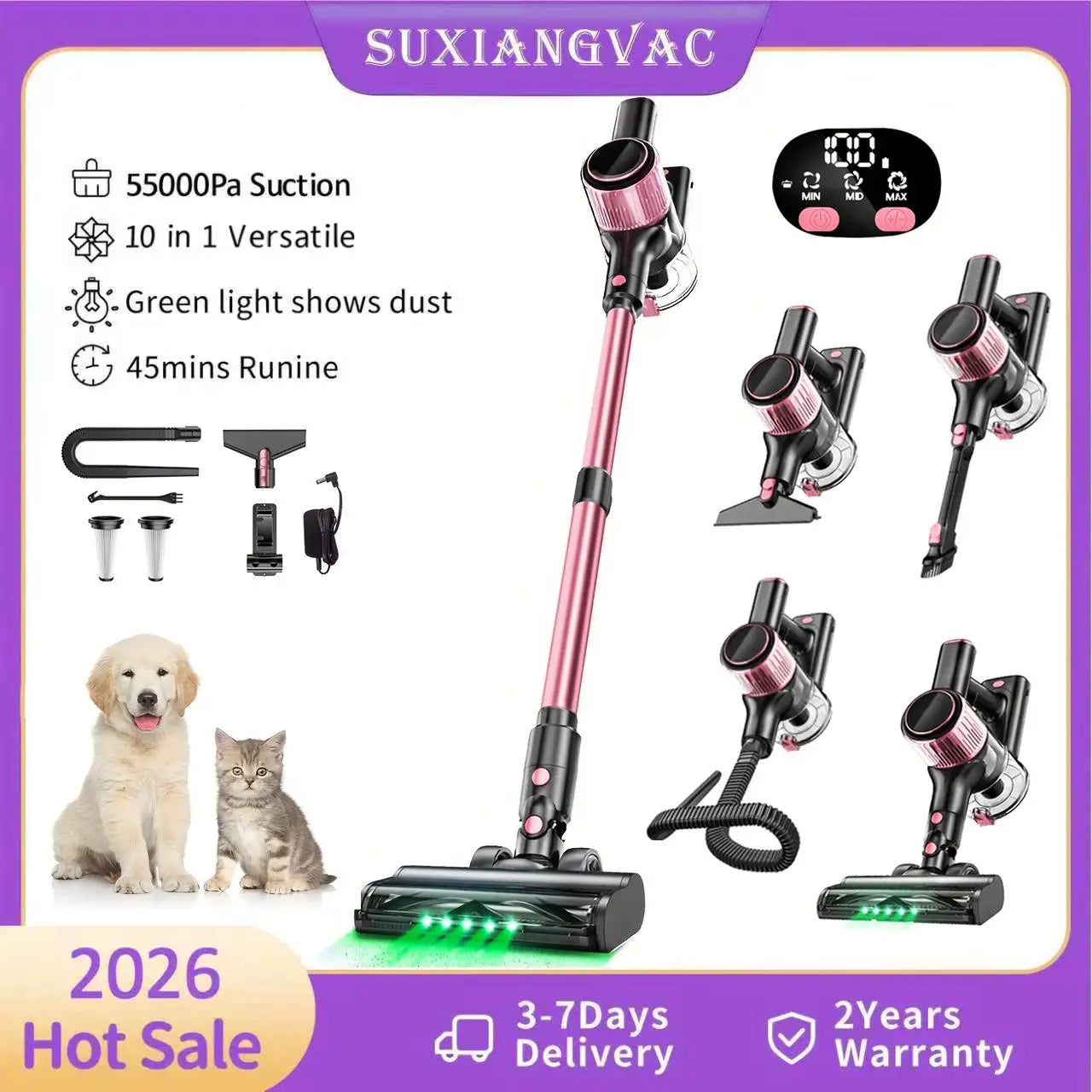 Cordless Vacuum Cleaner, 10 in 1 Stick Vacuum with 55Kpa Powerful Suction, Hose,Lightweight Rechargeable Vacuum Cleaner for Home