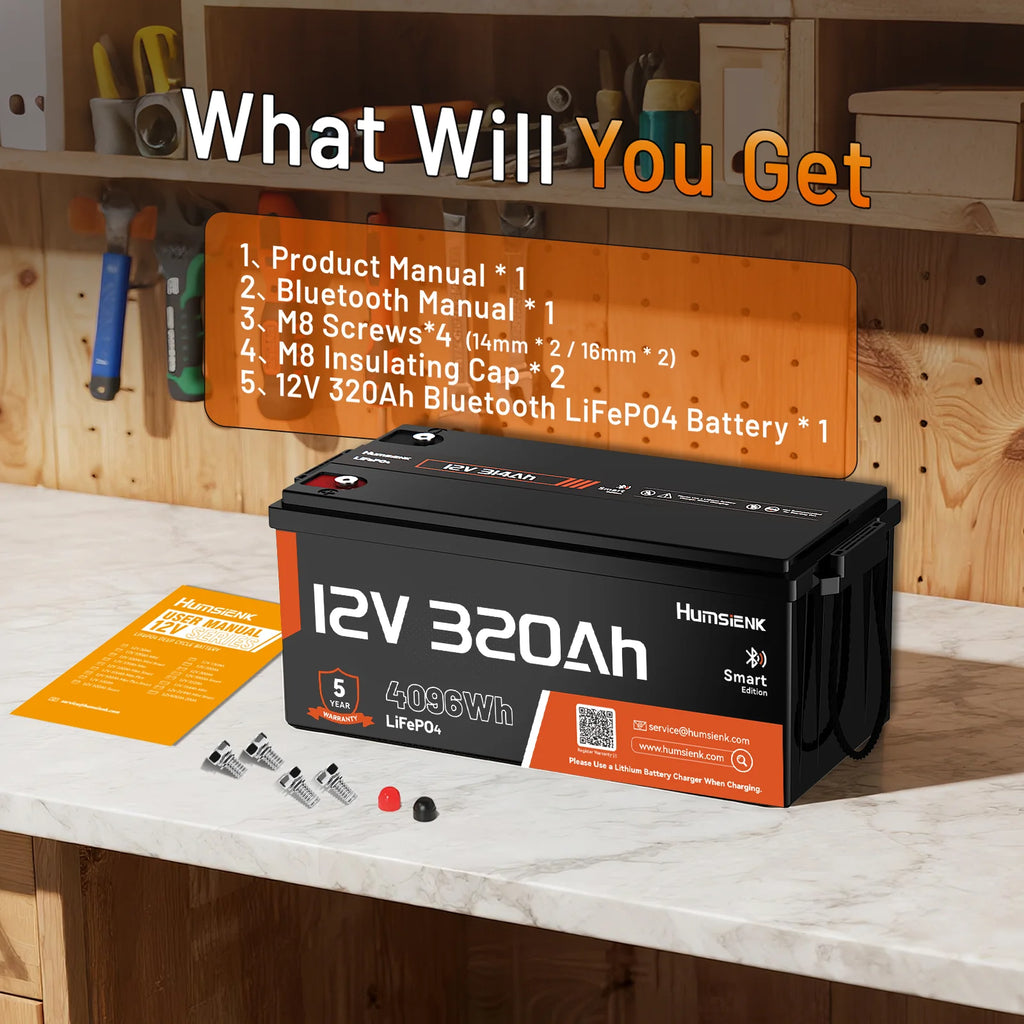 Humsienk 12V 320Ah Rechargeable Lithium Battery, Capacity 4096Wh, Built-in Bluetooth & 250A BMS, 15000+ Deep Cycle & 12V LiFePO4 Battery For RV, Van, Golf Cart, Boat, Camper, Marine, Trolling Motor, Off-Grid, Solar Energy Sto
