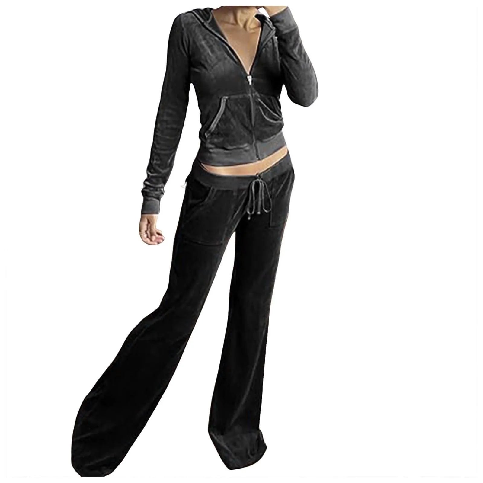 Women Velvet Jogging Suit Autumn Casual Velour Hoodie Cropped Top Jacket With Wide Leg Pants Tracksuits Women's Two Piece Set