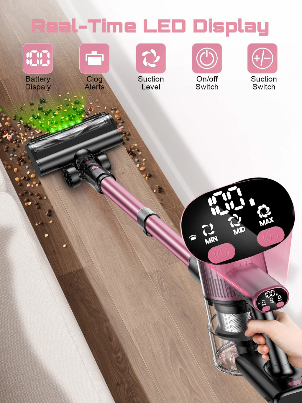 Cordless Vacuum Cleaner, 10 in 1 Stick Vacuum with 55Kpa Powerful Suction, Hose,Lightweight Rechargeable Vacuum Cleaner for Home