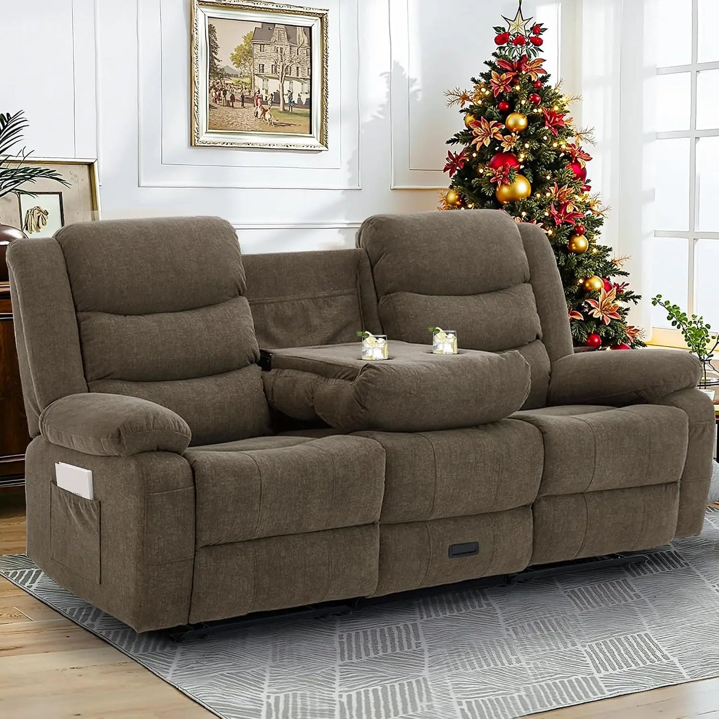 3 Seater Recliner Sofa,Built In Console & Drop Down Table,Cup Holders,Living Room Furniture, Custom