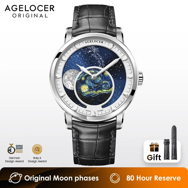 AGELOCER Original Astronomer Watch Van Gogh Oil Painting Men Luxury Automatic Mechanical Moon Phase Watch Birthday Gift for Men