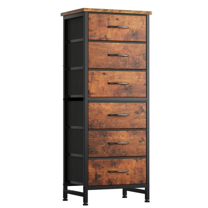 JHK Tall 6 Fabric Drawer Dresser  for Bedroom Wood Top and Metal Frame Skinny Chest of Drawers Narrow Storage Tower with Organization Furniture