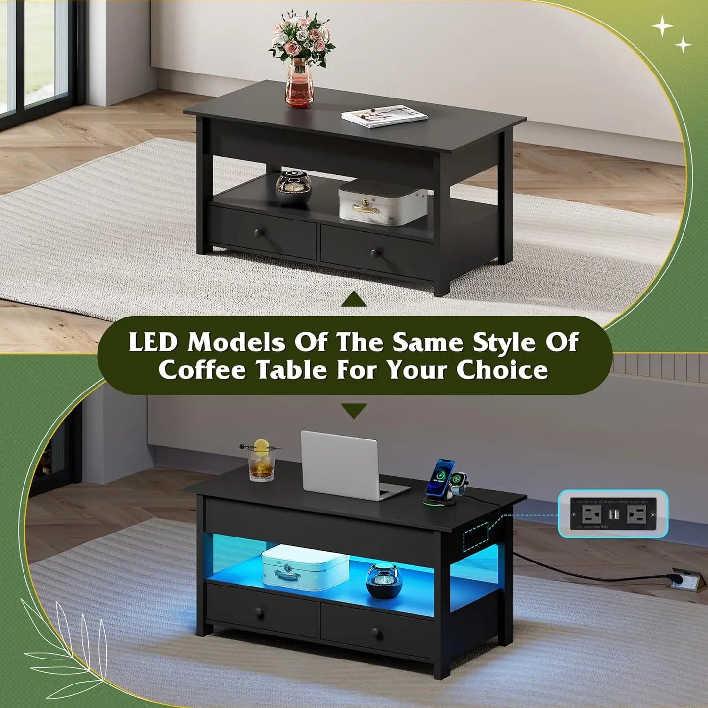 WLIVE Black Lift Top Coffee Table with 2 Drawers LED Light - Large Storage Open Shelf for Living Room Modern Home Furniture