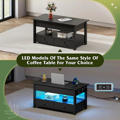 WLIVE Black Lift Top Coffee Table with 2 Drawers LED Light - Large Storage Open Shelf for Living Room Modern Home Furniture