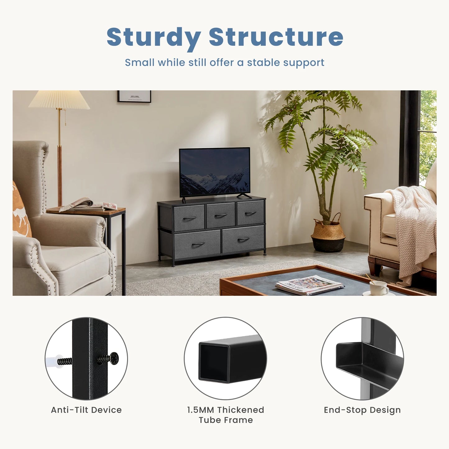 MCQ 5 Drawer Dresser for Bedroom Closet Chest Organizer Furniture TV Stand for Living Room Hallway Wide Fabric Storage Tower with Wooden Top and Metal Frame