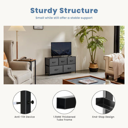 MCQ 5 Drawer Dresser for Bedroom Closet Chest Organizer Furniture TV Stand for Living Room Hallway Wide Fabric Storage Tower with Wooden Top and Metal Frame