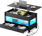 WLIVE Black Lift Top Coffee Table with 2 Drawers LED Light - Large Storage Open Shelf for Living Room Modern Home Furniture