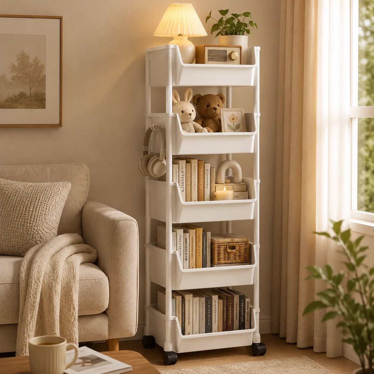 Household Living Room, Bedroom, Kitchen Small Trolley Storage Rack, Snack Floor-Standing Multi-Layer Mobile Storage Bookshelf