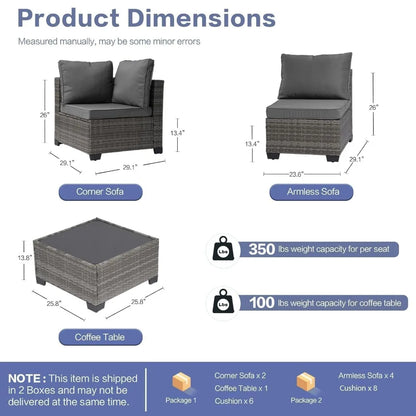7-Piece Outdoor Rattan Sectional Sofa Set, Wicker Patio Furniture with Coffee Table, Grey Cushions, Patio, Customized