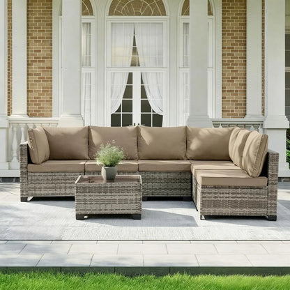 7 Pieces Outdoor Patio Furniture Set, All-Weather Sectional Sofa PE Rattan Wicker with Glass Table & Washable Cushions, Custom