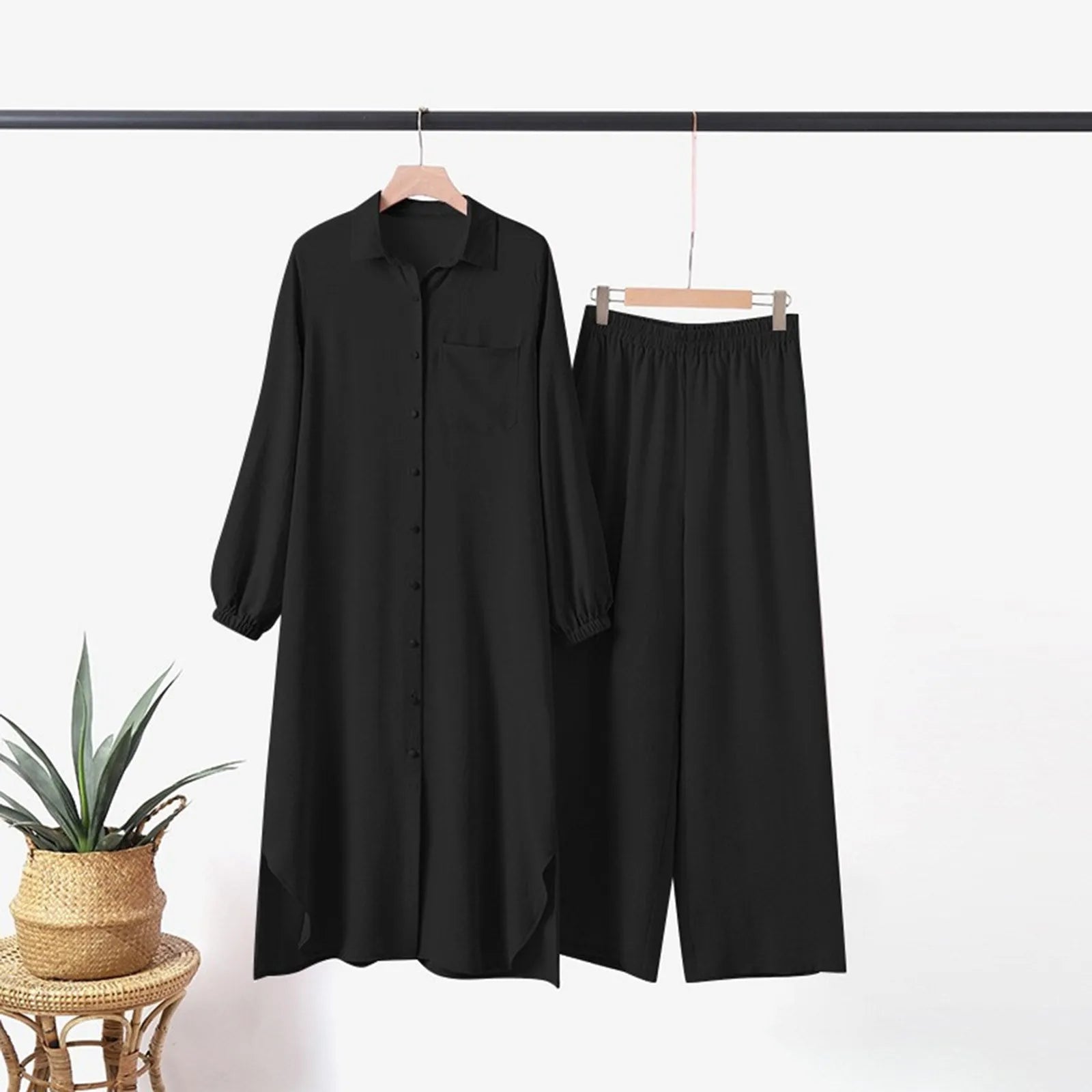 Muslim Sets Turkey Dubai Abaya Women Long Sleeve Buttons Up Shirt Set Causal Pants Suits Abayas For Women IsIamic Outifits
