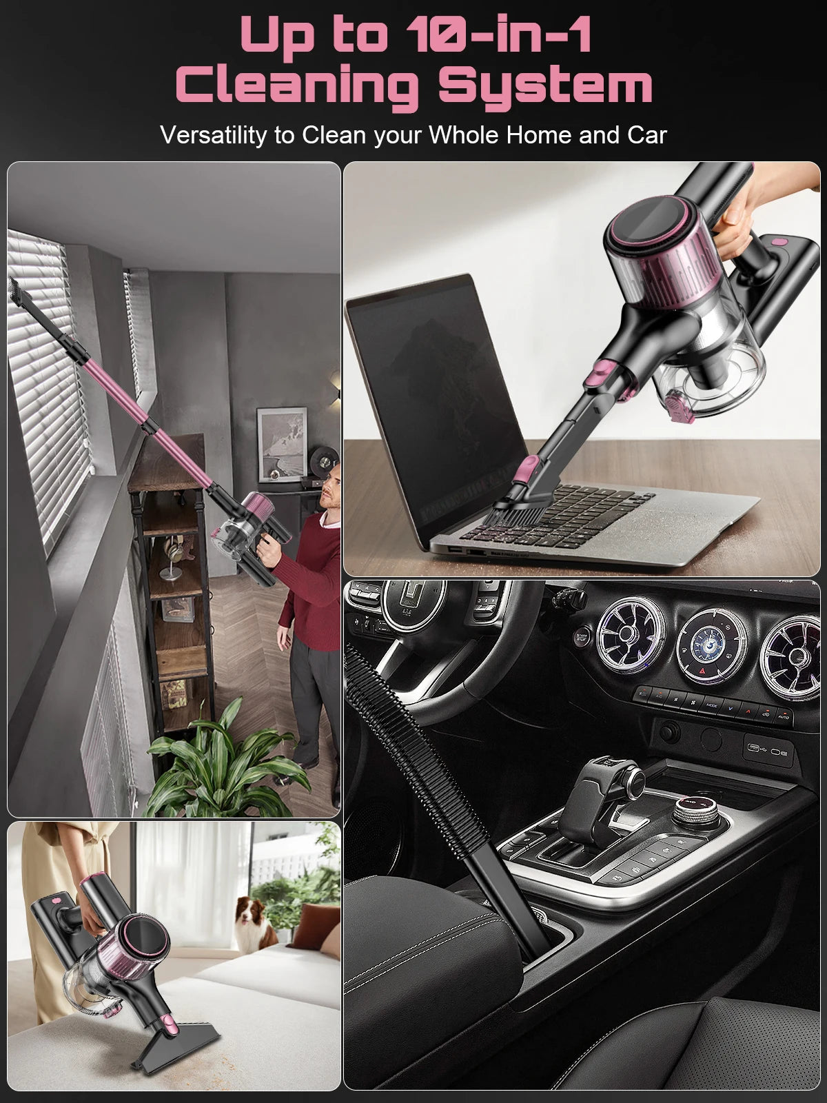 Cordless Vacuum Cleaner, 10 in 1 Stick Vacuum with 55Kpa Powerful Suction, Hose,Lightweight Rechargeable Vacuum Cleaner for Home