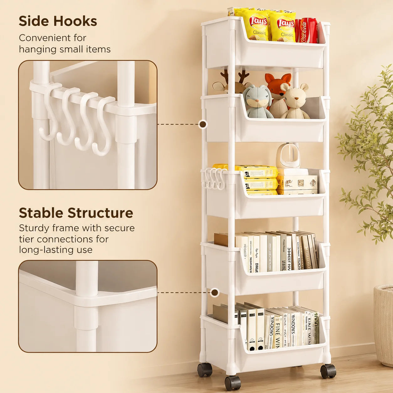 Household Living Room, Bedroom, Kitchen Small Trolley Storage Rack, Snack Floor-Standing Multi-Layer Mobile Storage Bookshelf