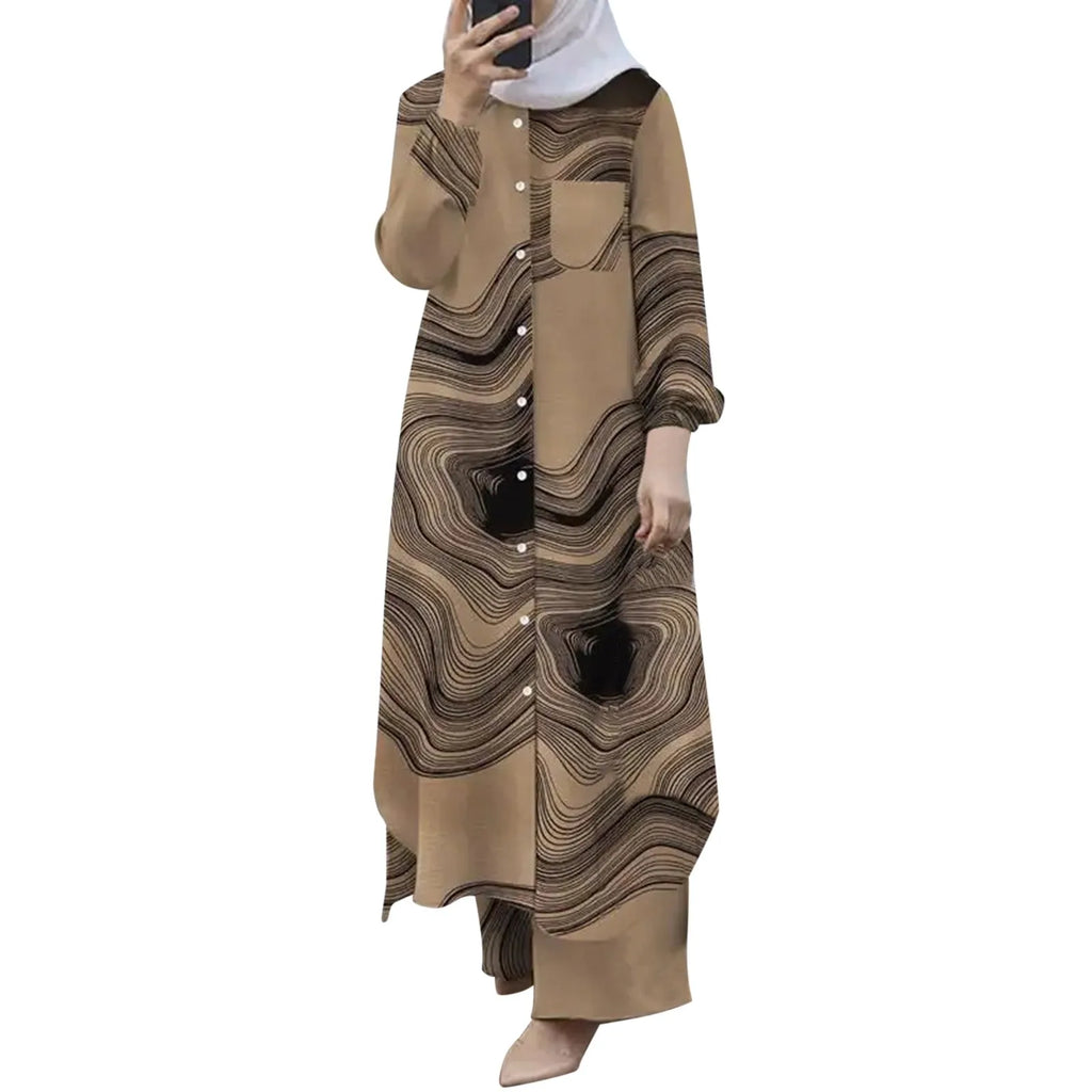 Muslim Sets Turkey Dubai Abaya Women Long Sleeve Buttons Up Shirt Set Causal Pants Suits Abayas For Women IsIamic Outifits