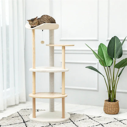 Modern Cat Tree Tower Furniture Wooden with Scratching Post Multi-level Jumping Platform with Condo and Comfortable Perch Beige