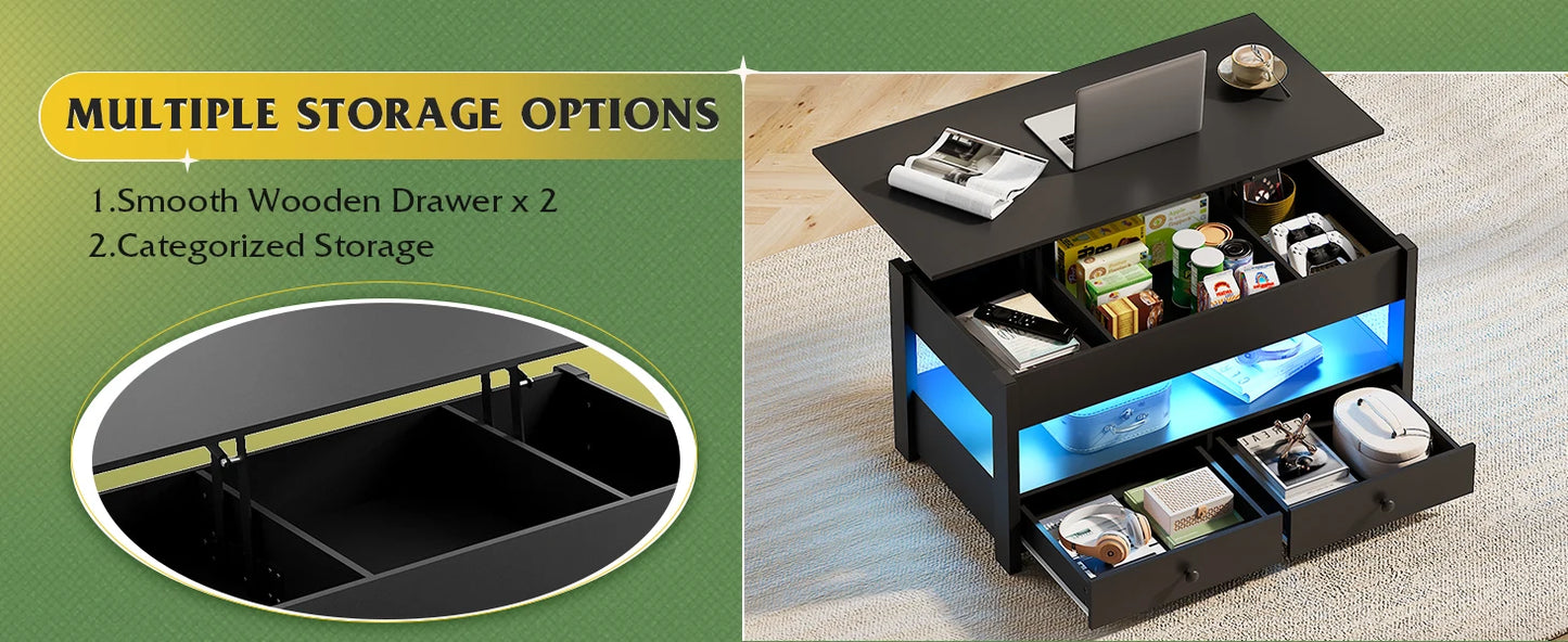 WLIVE Black Lift Top Coffee Table with 2 Drawers LED Light - Large Storage Open Shelf for Living Room Modern Home Furniture