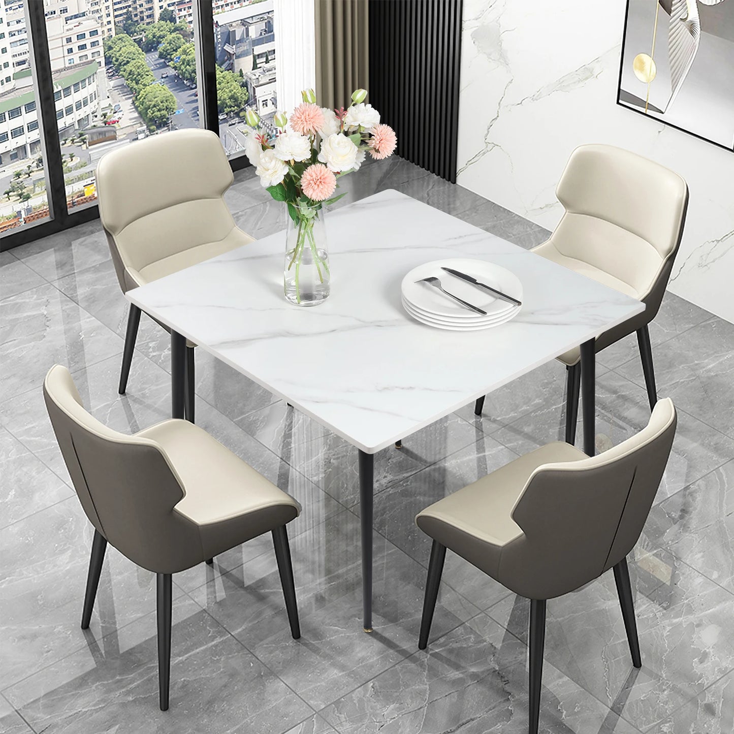Rectangular Dining Modern Dining Desk Table Furniture with Natural Texture Sintered Stone Top Metal Frame for Dining Room