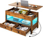WLIVE Black Lift Top Coffee Table with 2 Drawers LED Light - Large Storage Open Shelf for Living Room Modern Home Furniture