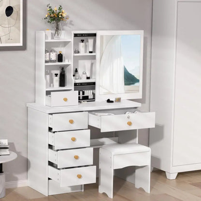 Makeup Vanities Vanity Desk with Sliding Mirror, Bedroom Dressing Table, Makeup Desk with 6 Drawers Bedroom Furniture