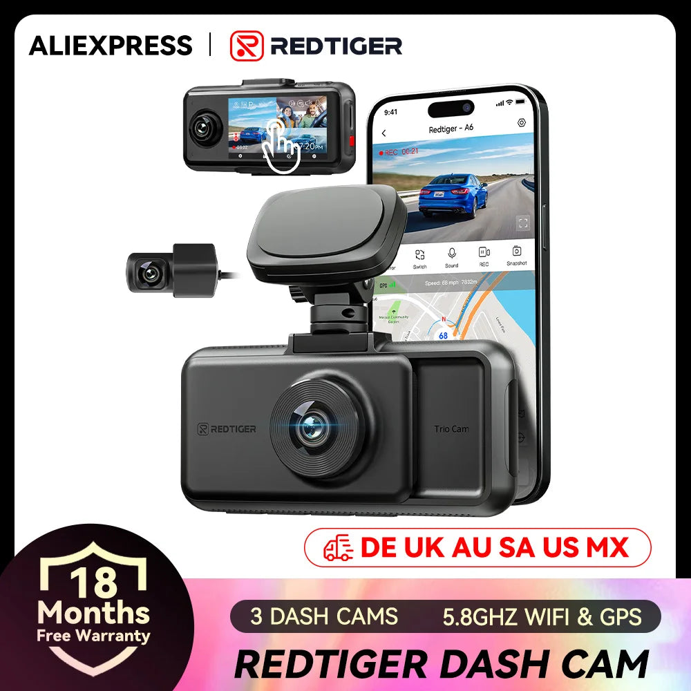 REDTIGER A6 3 Cameras Front/Cabin/Rear Cam 4K Dash Cam Built-in 5.8Ghz WiFi GPS Car DVR Night Vision Parking Monitor 3 Cameras