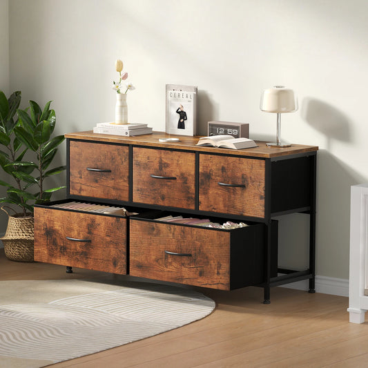 MCQ 5 Drawer Dresser for Bedroom Closet Chest Organizer Furniture TV Stand for Living Room Hallway Wide Fabric Storage Tower with Wooden Top and Metal Frame