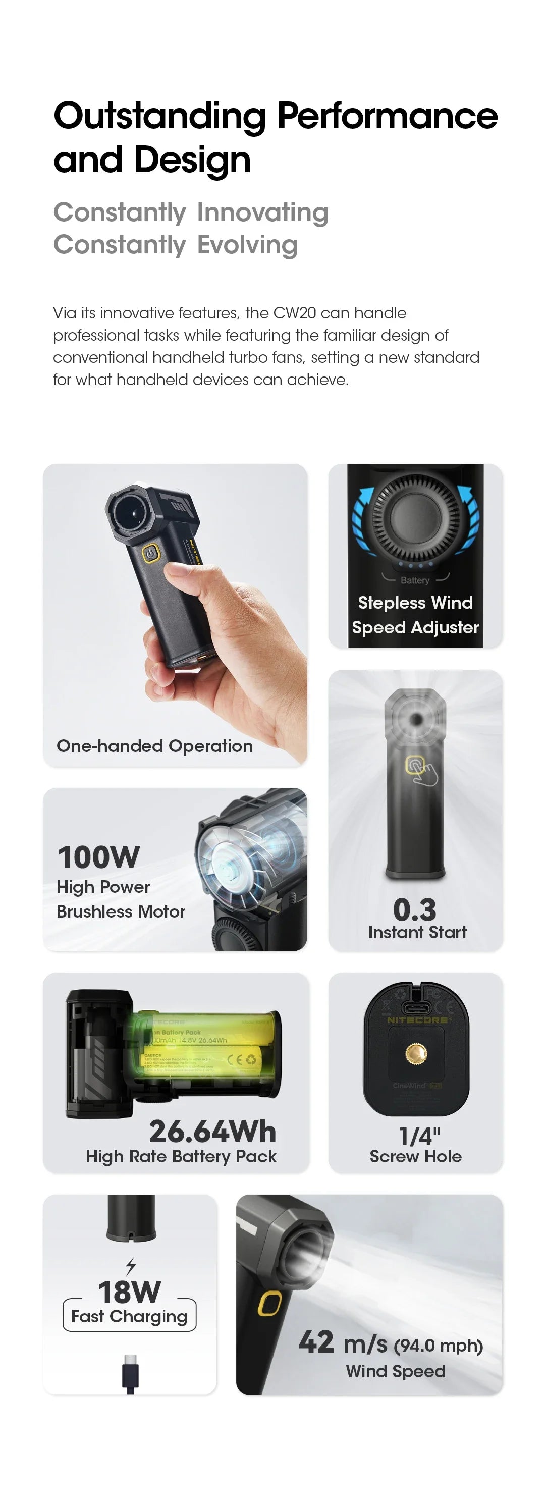 Multipurpose Pocket Photography Fan Electric Portable Fan Stepless Wind Blower 100W High Power Brushless Motor