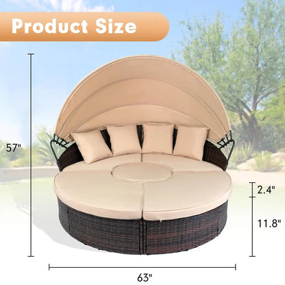 Outdoor Patio Daybed with Retractable Canopy, Wicker Rattan Sectional Round Sofa Furniture Set, 5 Pieces Seating Separates Cushi